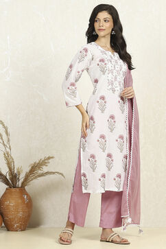 Pink and White Printed Cotton Unstitched Suit Set image number 6