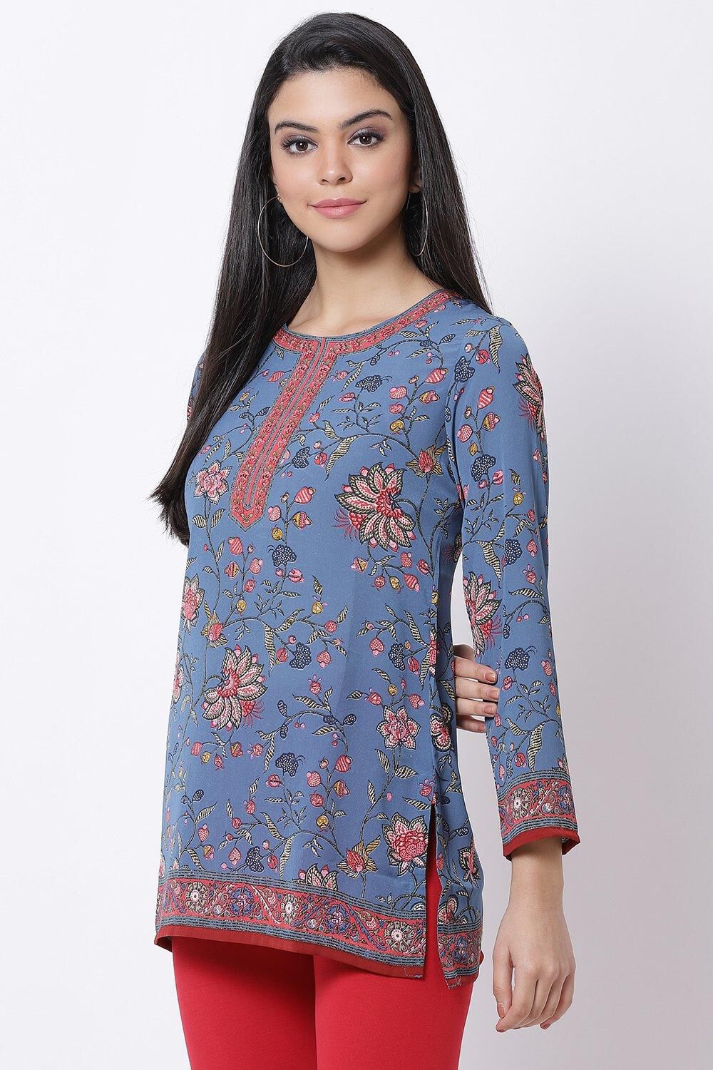 Off White Cotton Blend Printed Kurti image number 2