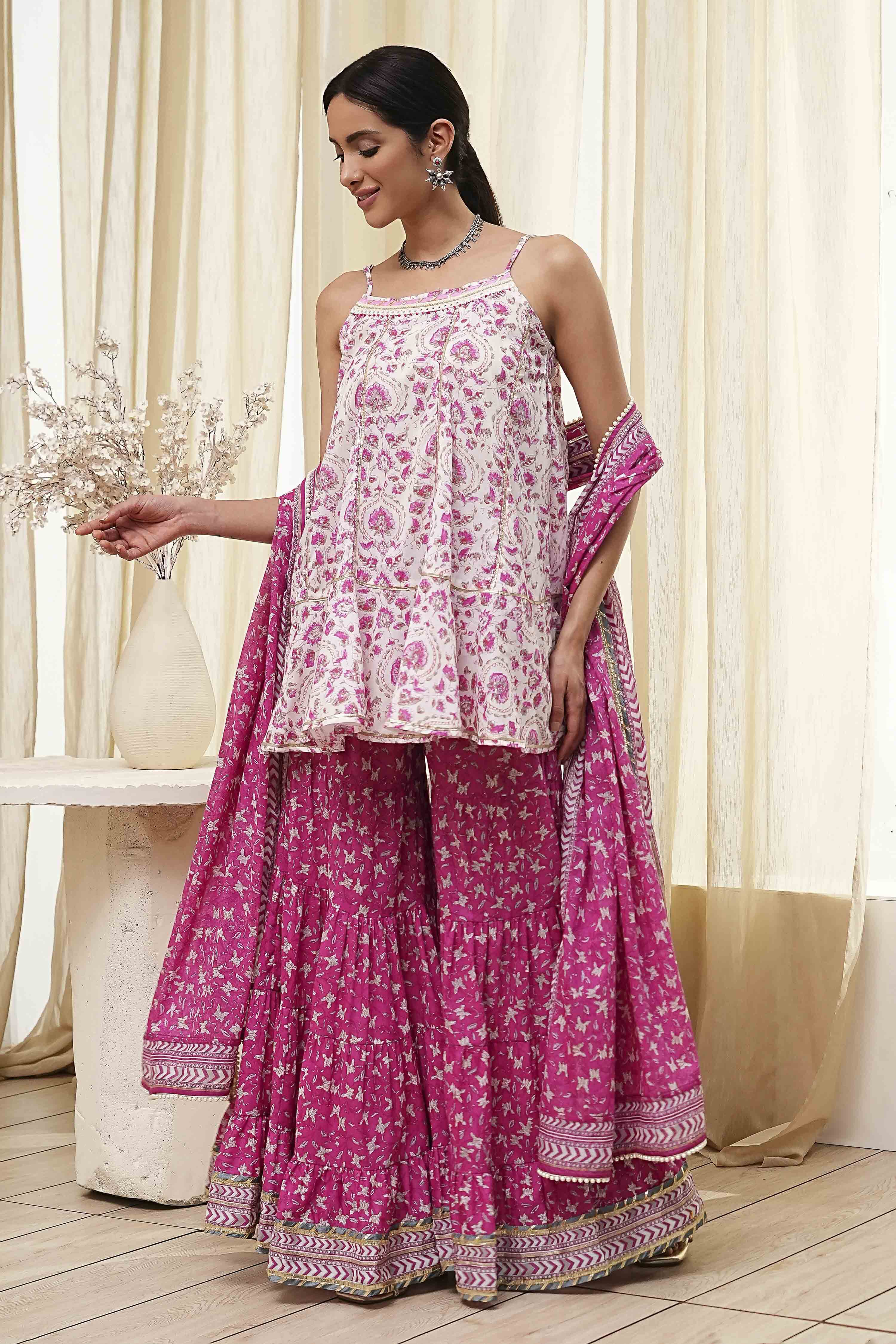 White and Pink Cotton Floral Flared Suit Set image number 3