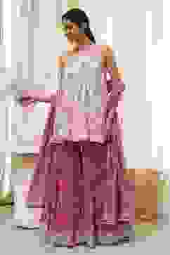 White and Pink Cotton Floral Flared Suit Set image number 3