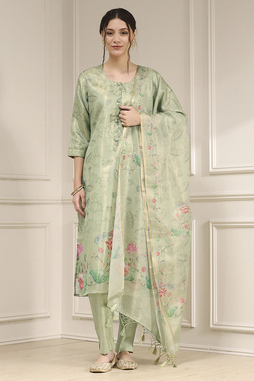 Teal Cotton Printed Unstitched Suit Set image number 1