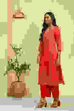 Pink Chanderi Printed Straight Kurta image number 2