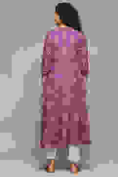 Purple Cotton IKAT Flared Yarndyed Kurta image number 3