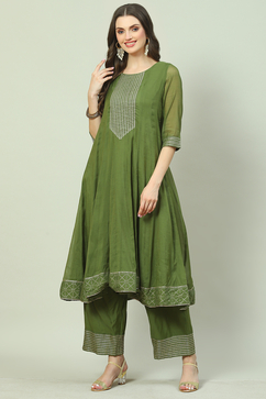 Green Art Silk Flared 2 Piece Set image number 0