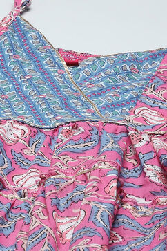 Pink Cotton Tiered Kurta With Palazzo & Net Dupatta  image number 1