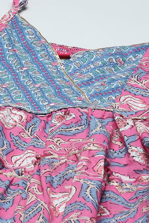 Pink Cotton Tiered Kurta With Palazzo & Net Dupatta  image number 1