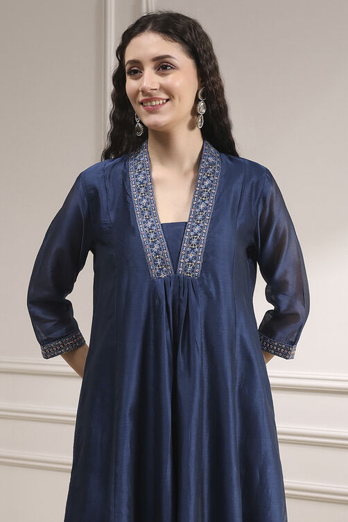 Blue Chanderi Gathered Dyed Suit Set image number 1