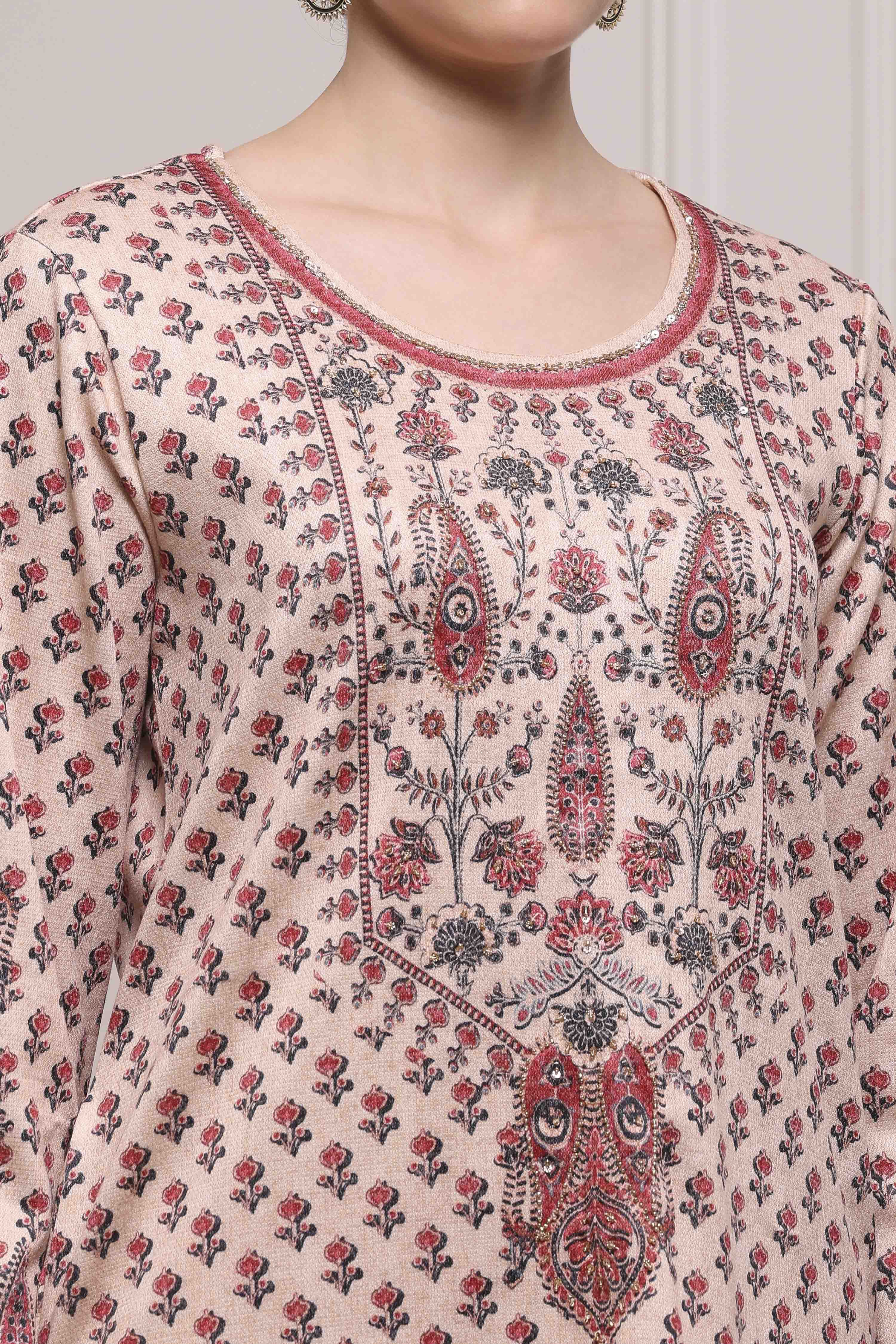 Beige Blended Printed Straight Kurta Pants Set image number 1