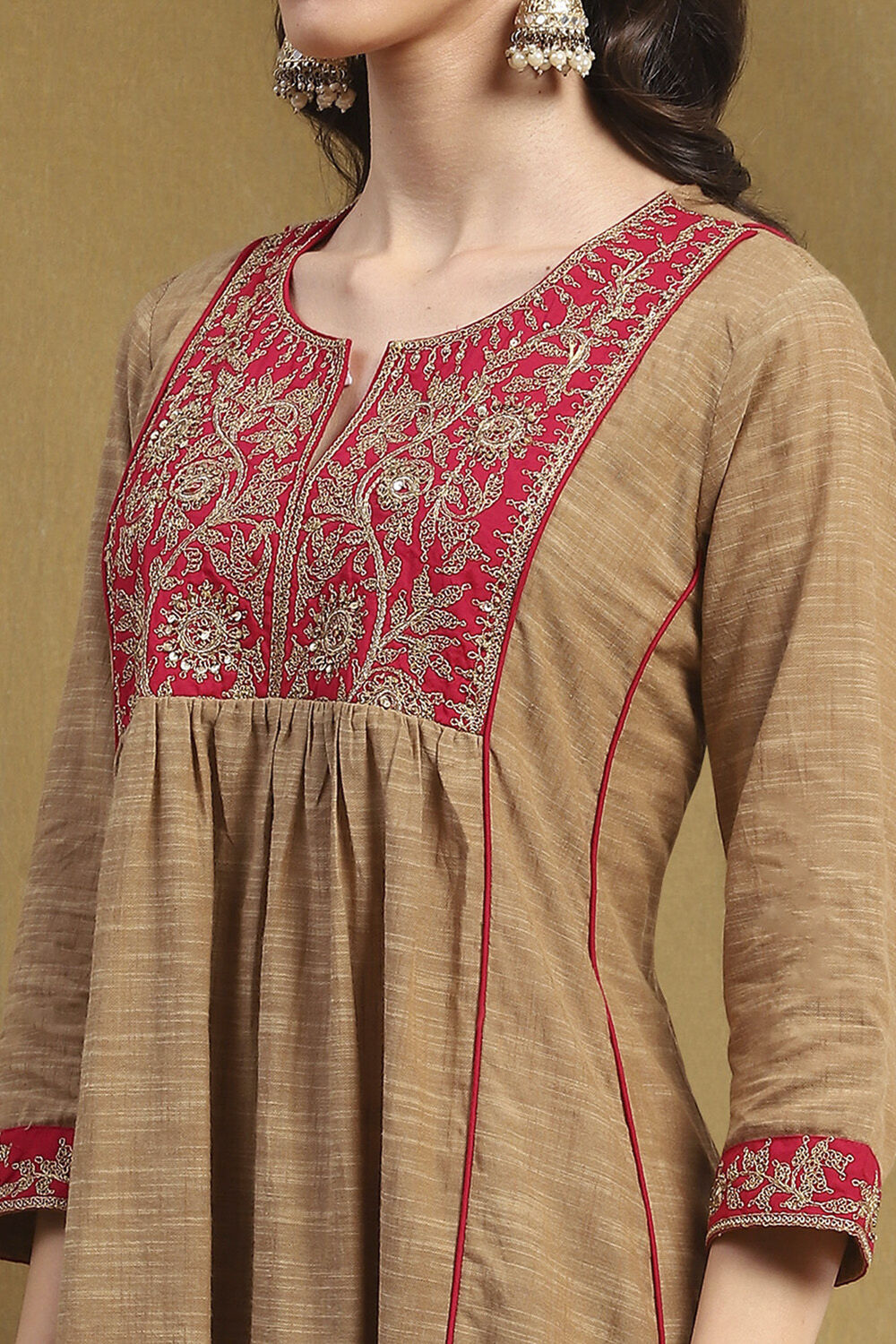 Khaki Cotton Embroidered Gathered Kurta Set image number 1