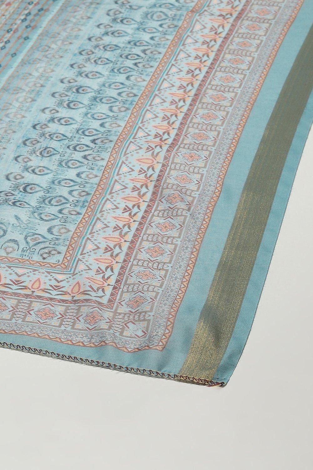Blue Chanderi Unstitched Suit Set image number 8