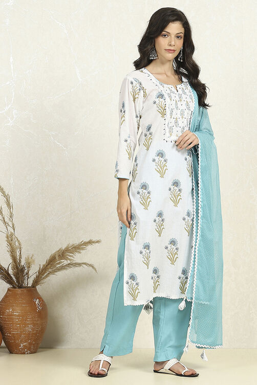Blue Cotton Unstitched Suit Set image number 6