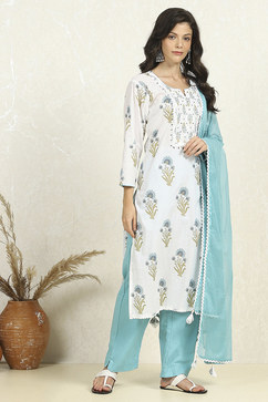 Blue and White Printed Cotton Unstitched Suit Set image number 6