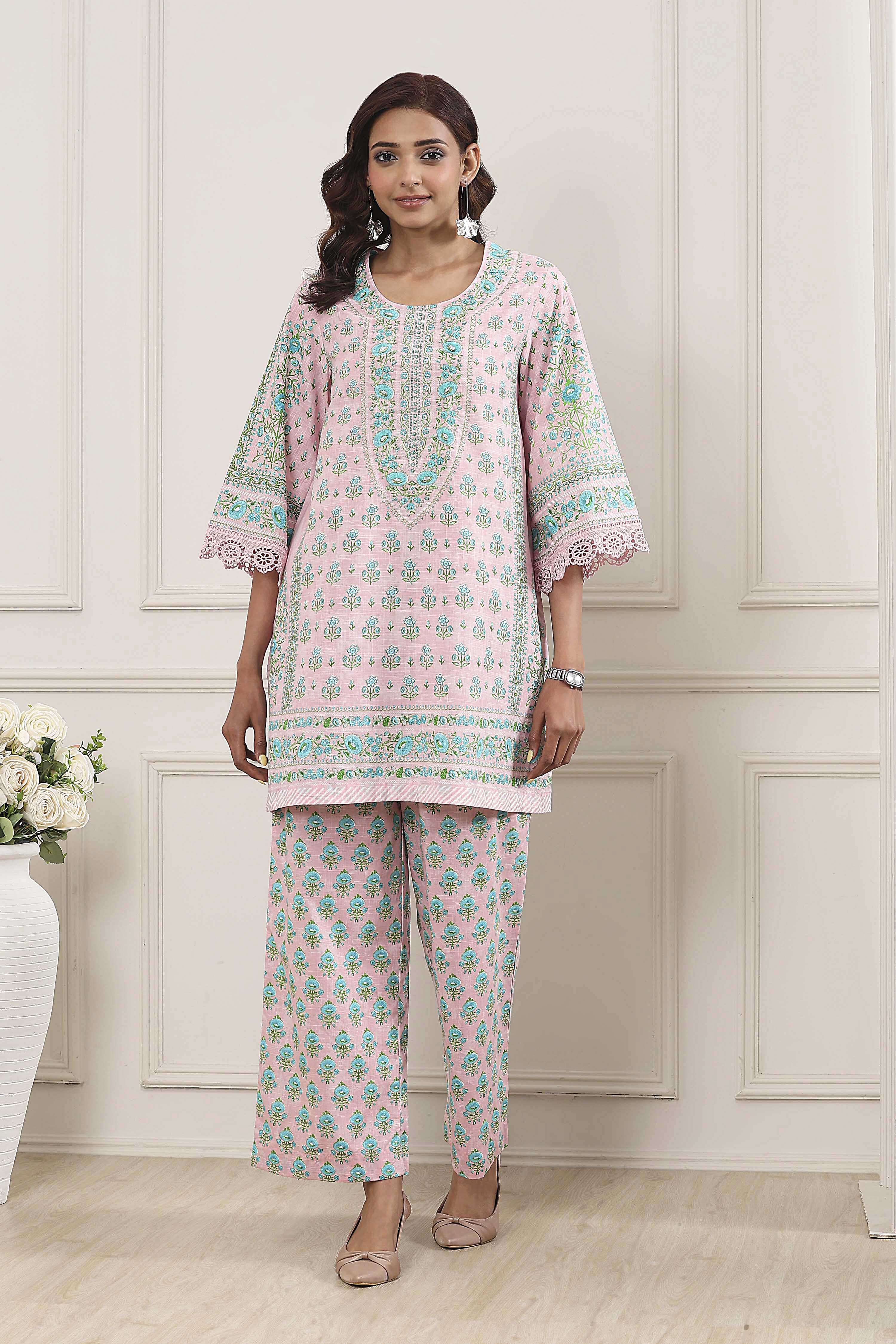Pink Cotton Printed Straight Kurta Set image number 6
