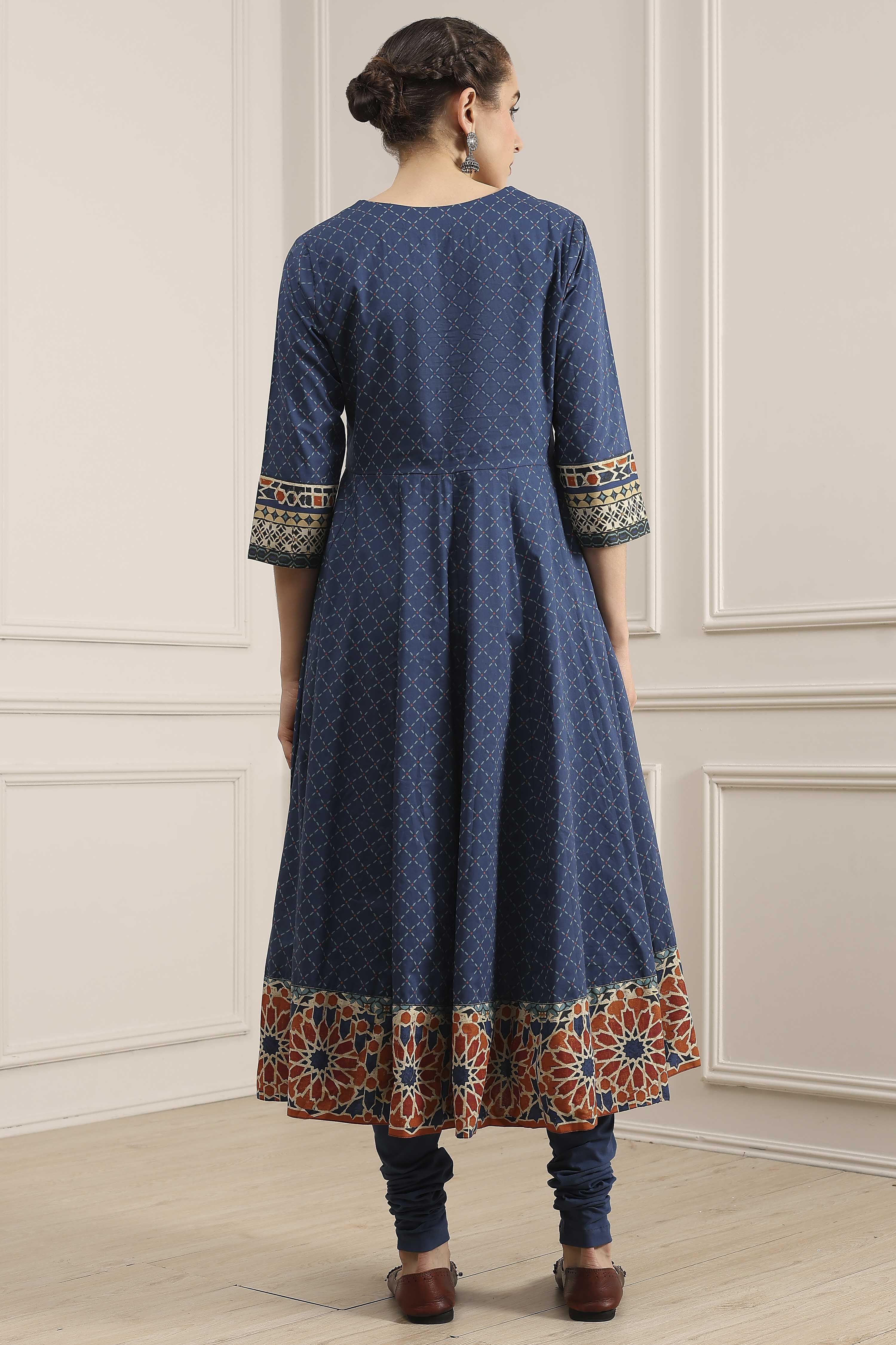 Indigo Cotton Printed Anarkali Suit Set image number 4
