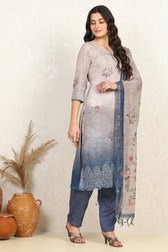 Blue Linen Printed Unstitched Suit Set image number 6