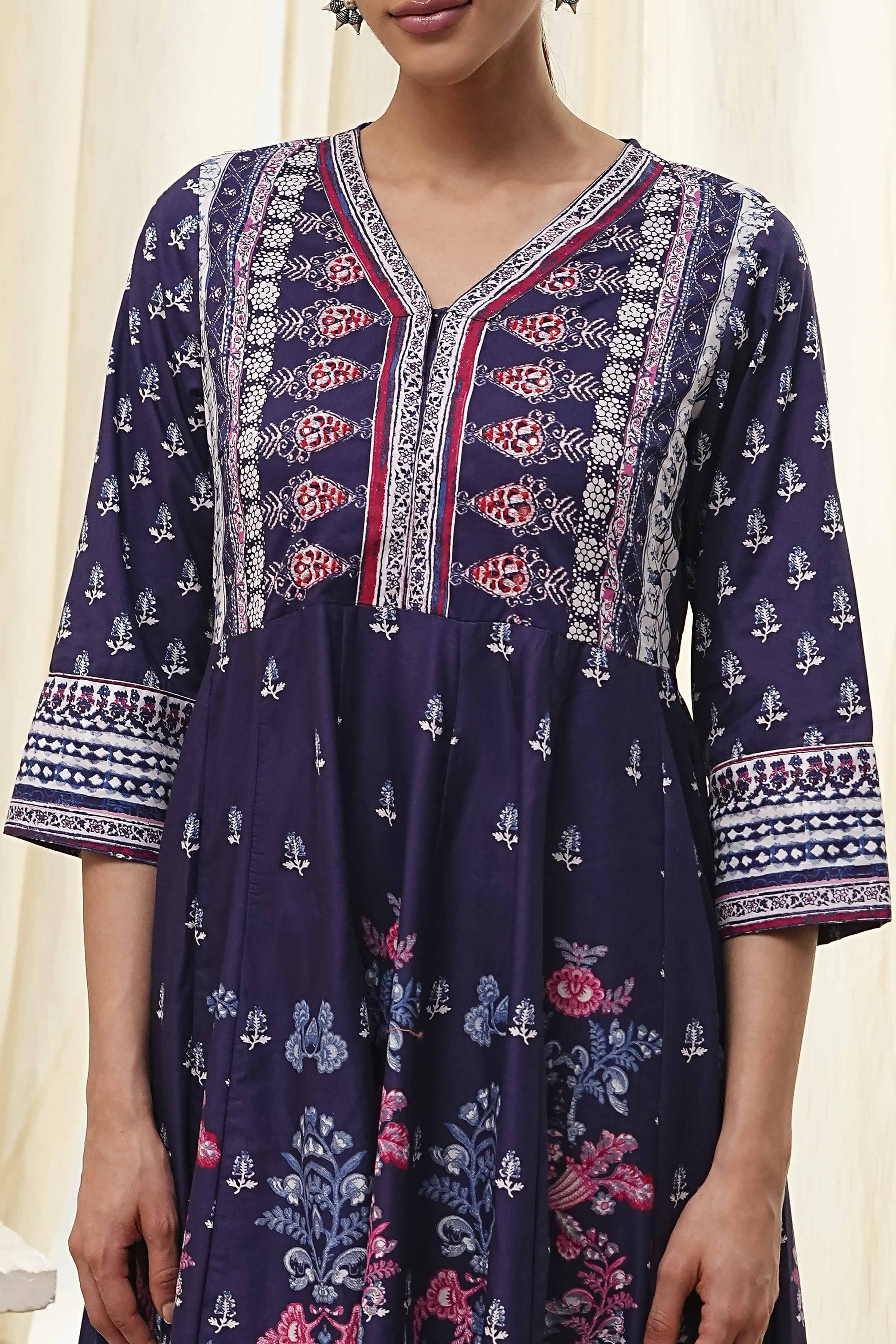 Indigo Cotton Floral Anarkali Suit Set image number 1