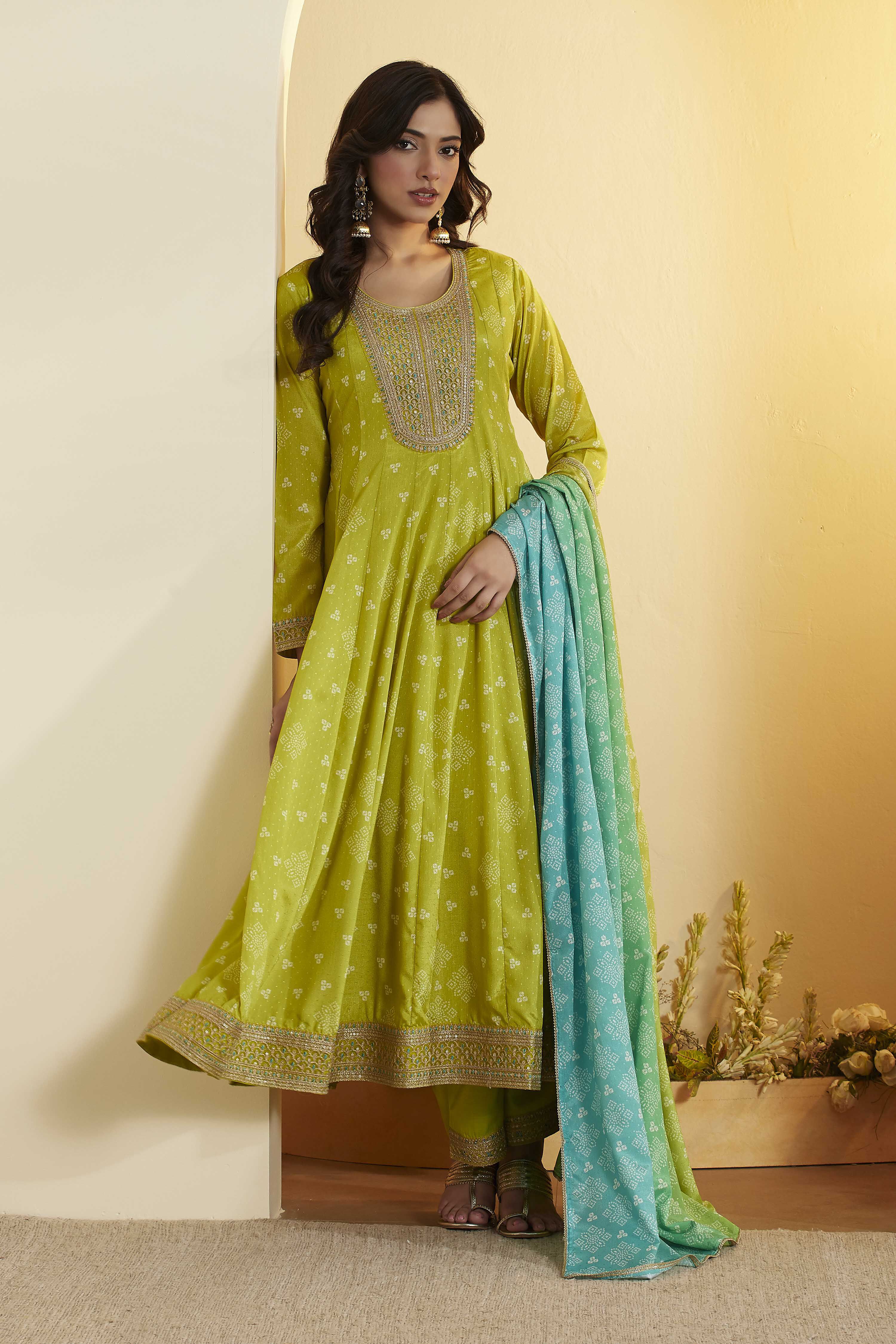 Llime Green Poly Chinnon Anarkali Suit Set image number 0