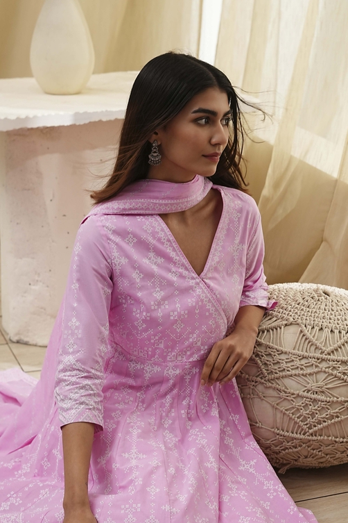 Pink Cotton Anarkali Suit Set image number 7