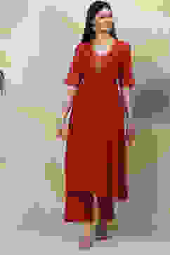 Red Flared Poly Modal Fusion Wear 2 Piece Set image number 2