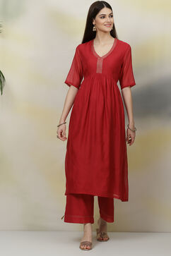 Red Flared Poly Modal Fusion Wear 2 Piece Set image number 2