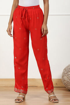 Red Printed Regular Fit Straight Pants image number 4