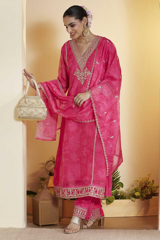 BIBA Polyester Dyed Straight Festive Kurta With Palazzo And Dupatta in Pink