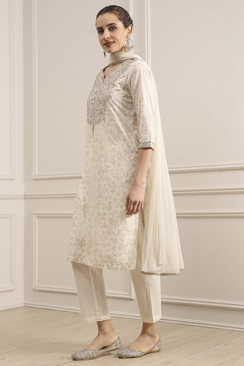 Off-White Cotton Printed Straight Suit Set image number 3