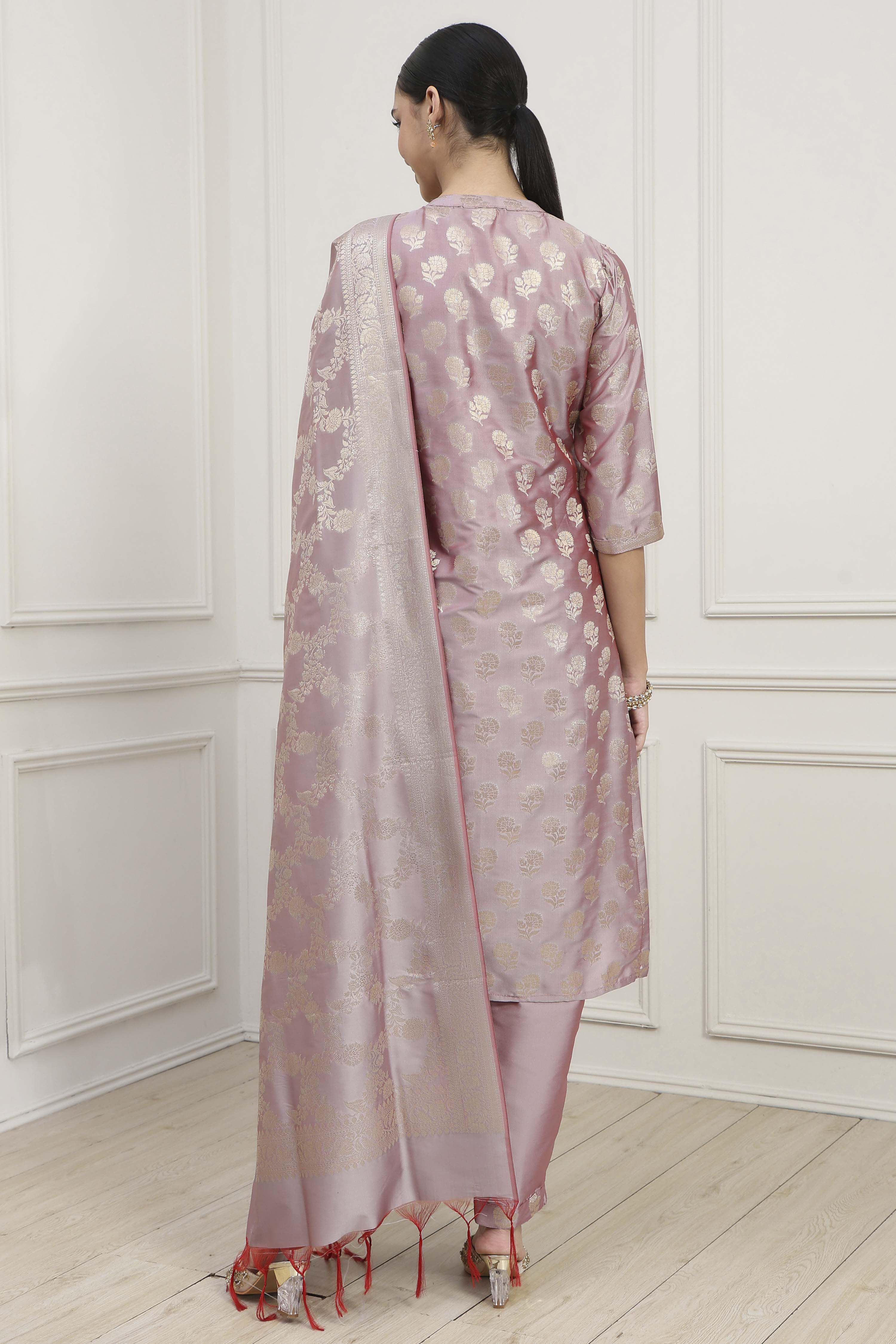 Purple Silk Blend Banarasi Unstitched Suit Set image number 5