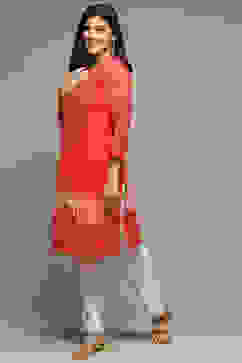 Red Cotton Blend Straight Printed Kurta image number 2