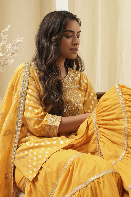 Ochre Yellow Embroidered Straight Suit Set image number 0