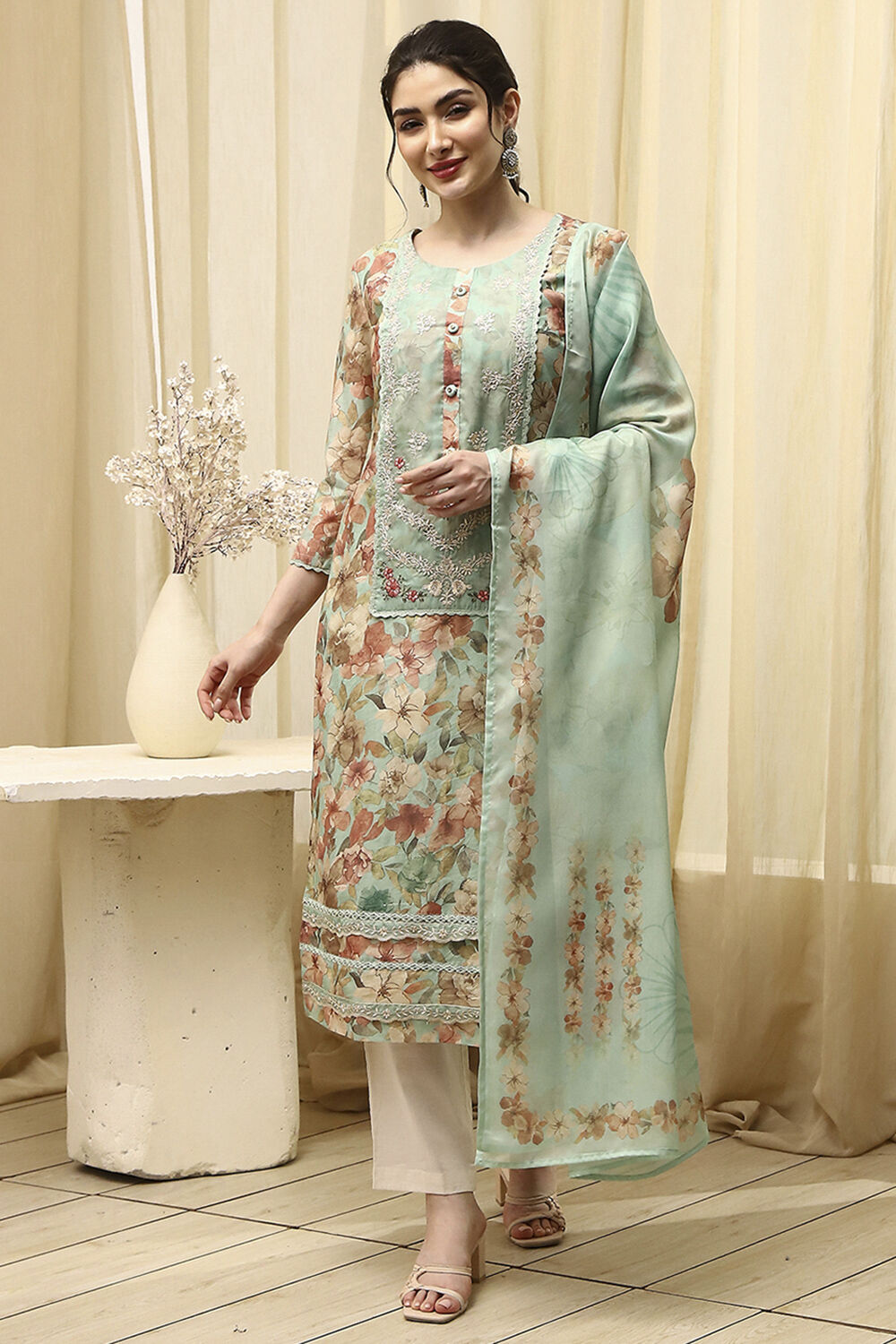 Teal Muslin Digital Print Unstitched Suit Set image number 1