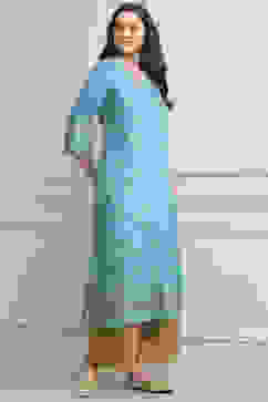 Turquoise Rayon A-Line Printed Kurta image number 4