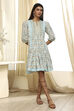 Blue Cotton Floral Printed Tiered Dress image number 5