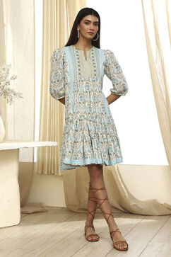 Blue Cotton Floral Printed Tiered Dress image number 5