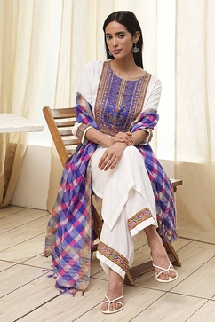 Off-White and Blue Straight Suit Set image number 0