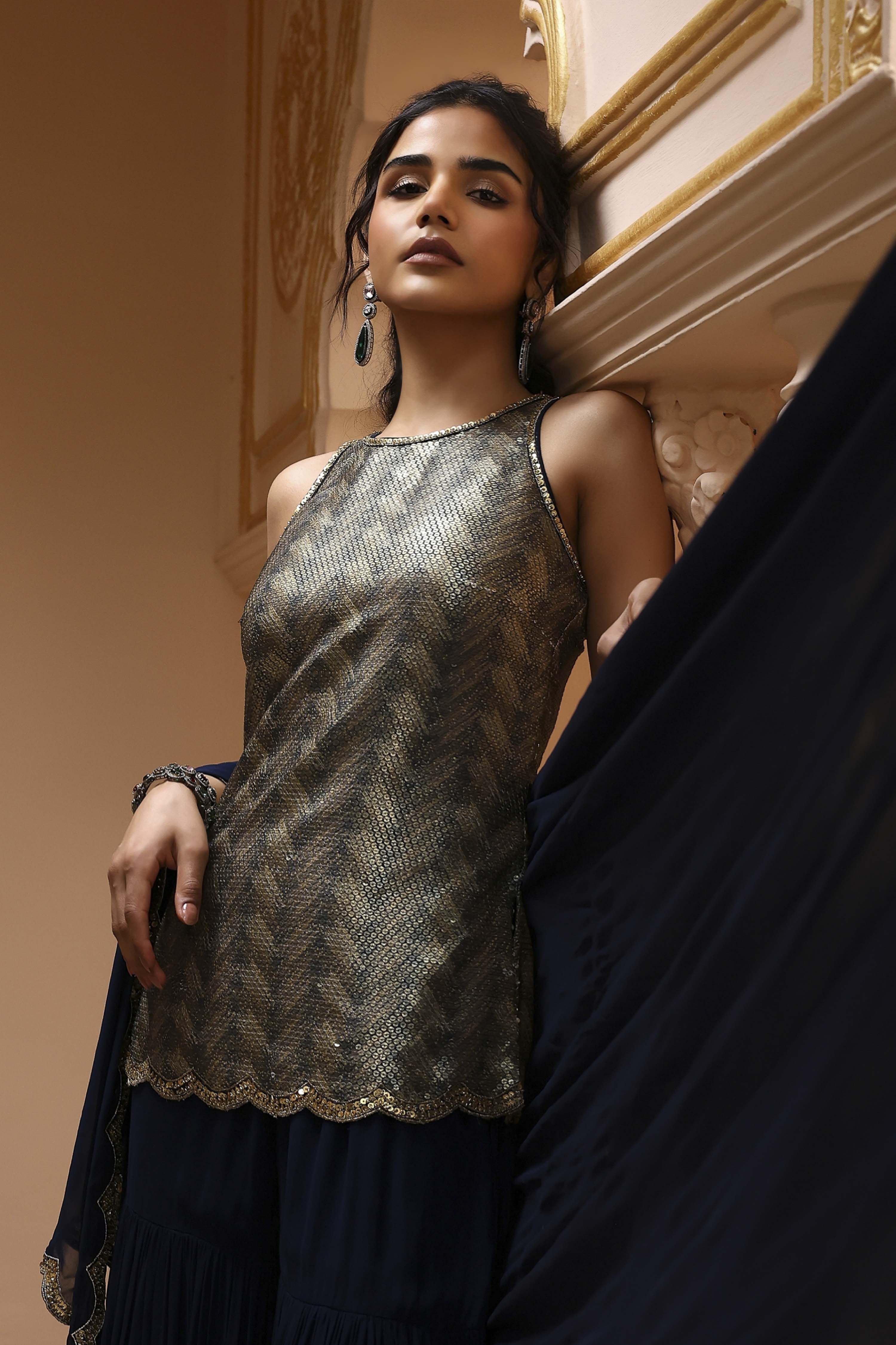 Navy Blue Art Silk Straight Sharara Set image number 1