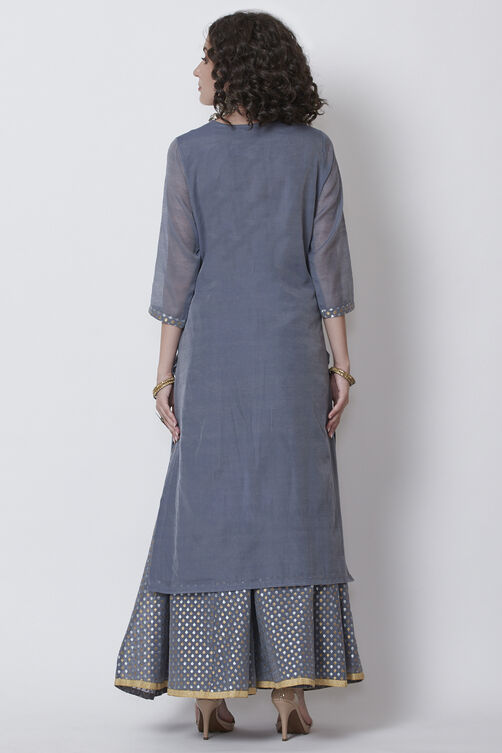 Grey Poly Cotton Straight Kurta Sharara Suit Set image number 5