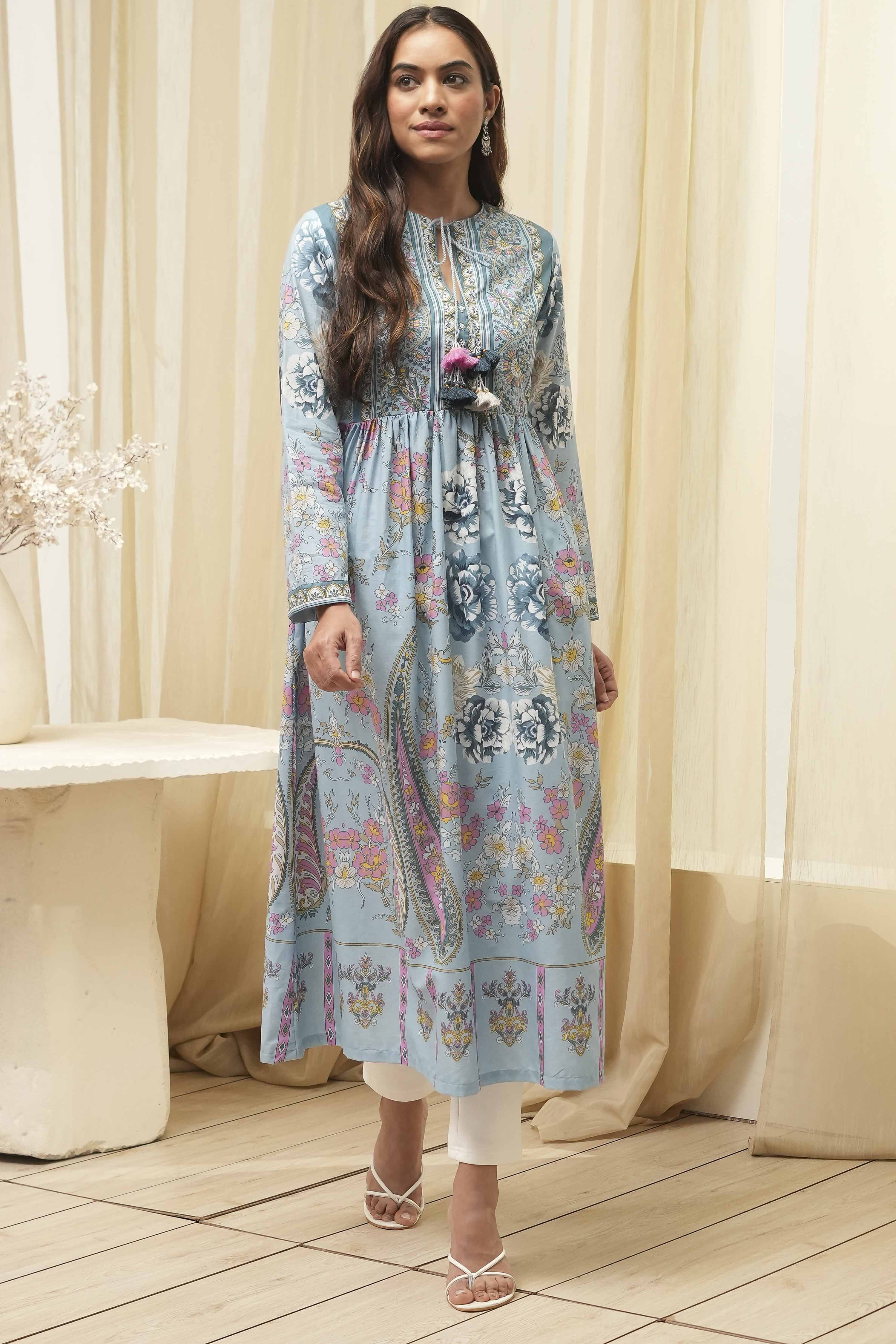 Dull Blue Cotton Printed Flared Kurta image number 6