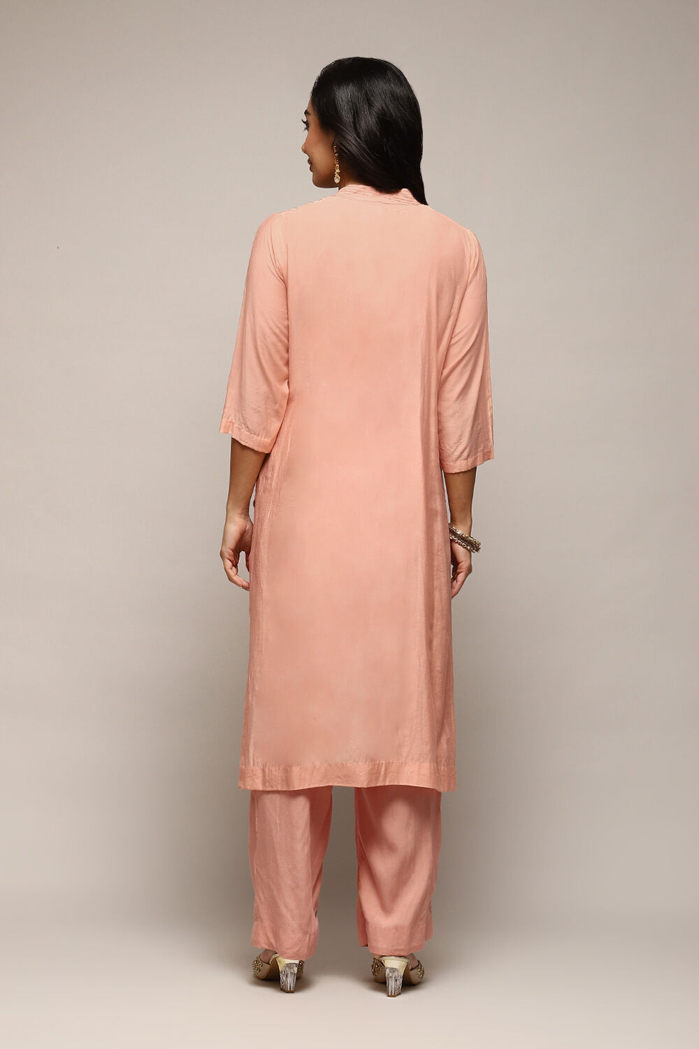 Peach Chanderi Hand Embroidered Unstitched Suit Set image number 5