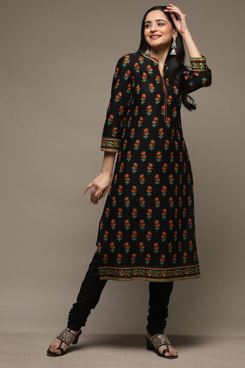Black Cotton Straight Kurta Churidar Suit Set image number 0