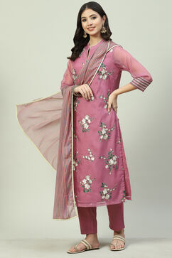 Mauve Straight Kurta Regular Pant Suit Set image number 6