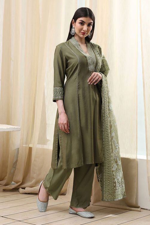 Sage Green Cotton Blend Straight Kurta Palazzo Suit Set image number 5