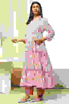 Pink and Off-White Cotton Printed Gathered Kurta Set image number 6