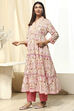 Pink and Off-White Cotton Printed Gathered Kurta Set image number 6