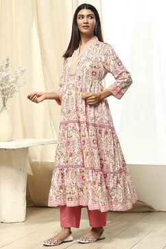 Pink and Off-White Cotton Printed Gathered Kurta Set image number 6