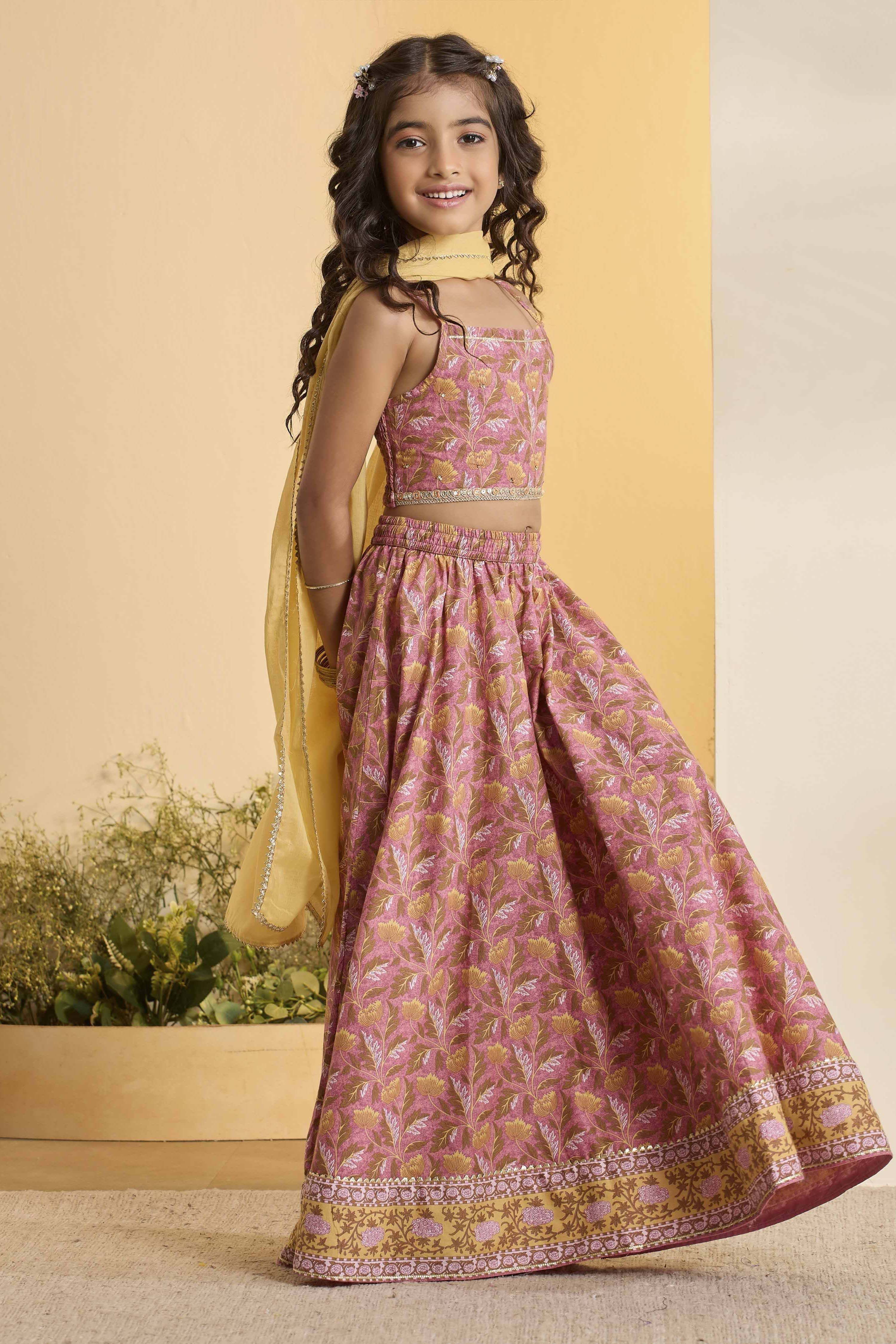 Peach Cotton Printed Gathered Lehenga Set image number 5