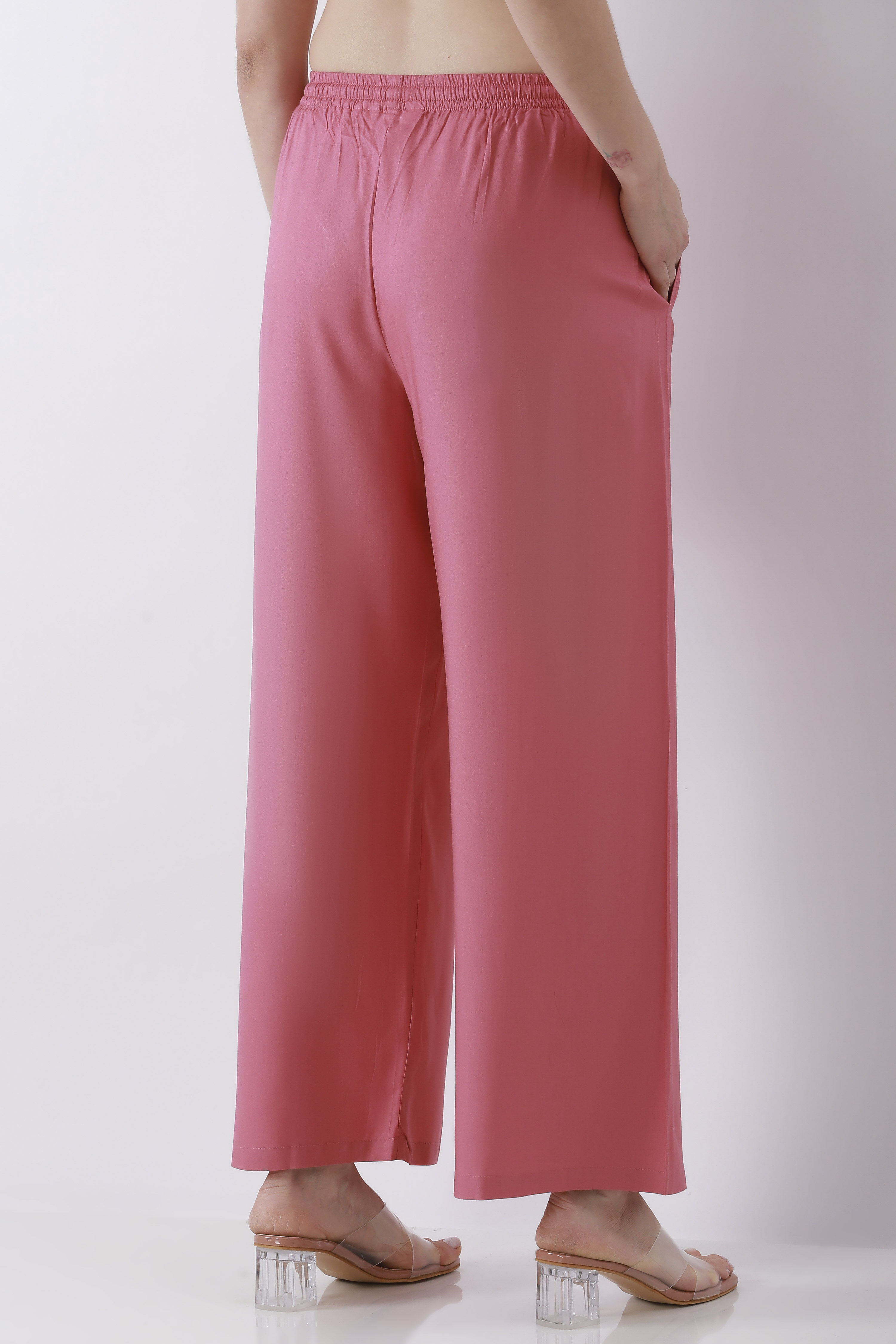 Light Pink Solid Straight Palazzos image number 5