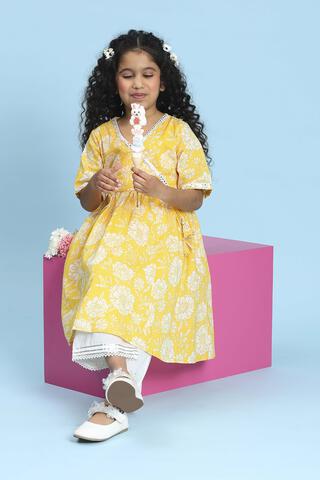 BIBA Yellow Cotton Printed Anarkali Suit Set in Yellow