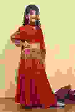 Red Viscose Rayon Printed Kalidar Lehenga Set image number 5