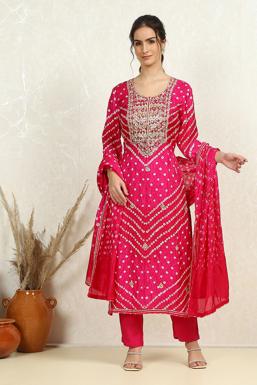 Orange Silk Blend Bandhej Crinkled Unstitched Suit Set image number 5